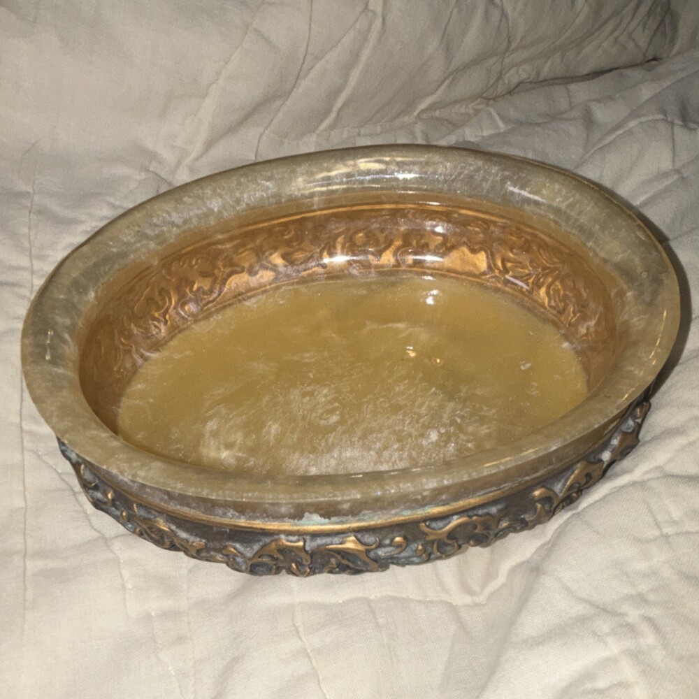Wamsutta Stone Oval Decorative Bowl Floral Metal Band Beige/Gold/Bronze 7 in